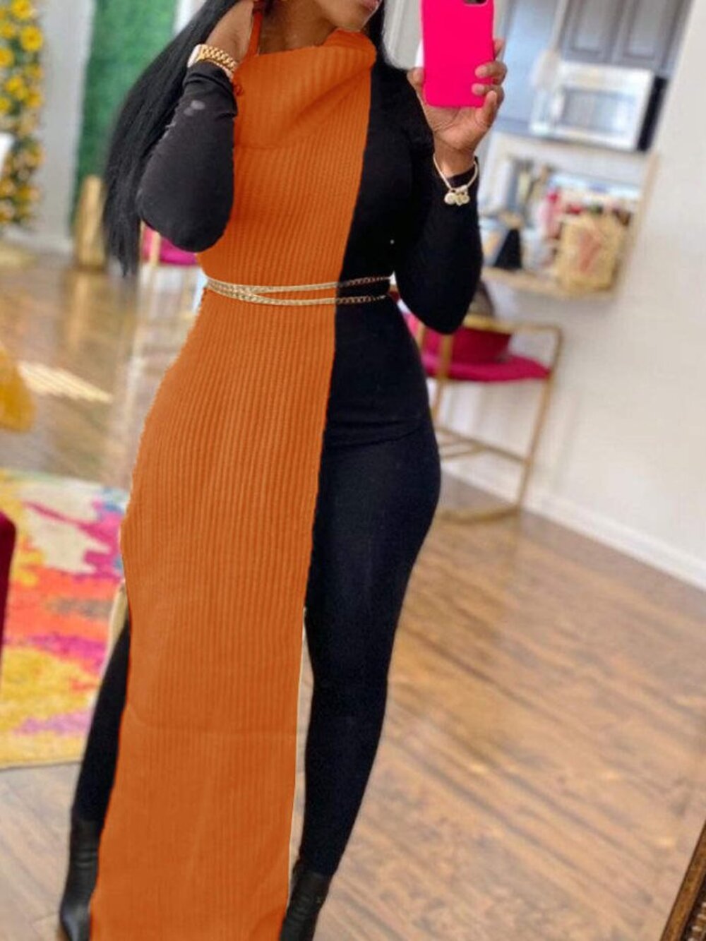 Solid Slit Turtleneck Sleeveless Dress (Without Waist Chain) - Orange